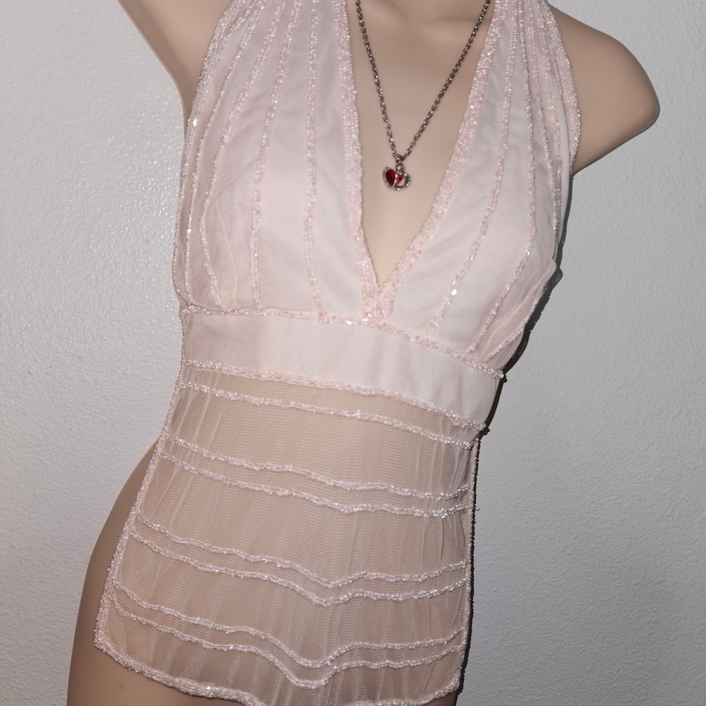 Charlotte Russe Halter Top Pink Sheer Beaded Tie Back Blouse - Picture 3 of 6
